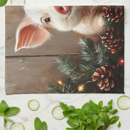 Schattige kerstvarken rustiek schilderij theedoek (Gevouwen)