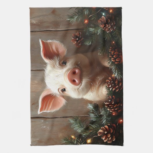 Schattige kerstvarken rustiek schilderij theedoek (Verticaal)