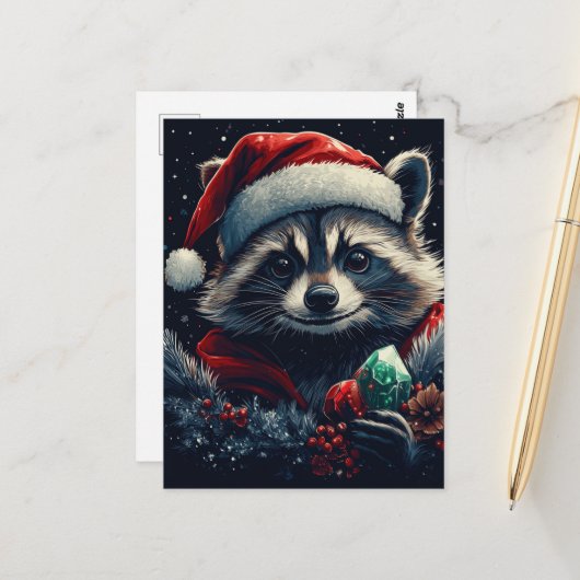 Schattige Kerstwasbeer Briefkaart (Voorkant / Achterkant in situ)
