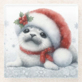 Schattige Kerstzegel Glazen Onderzetter (Voorkant)