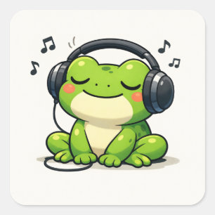 Schattige kikker die naar muziek luistert vierkante sticker