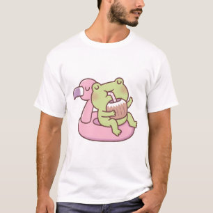 Schattige kikker die ontspant op flamingo zwembad t-shirt