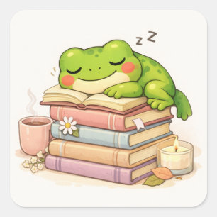 Schattige kikker die slaapt op boeken vierkante sticker