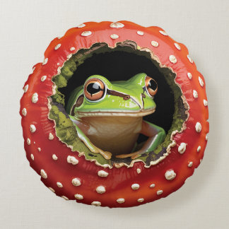 Schattige kikker in paddestoel – Whimsical cottage Rond Kussen