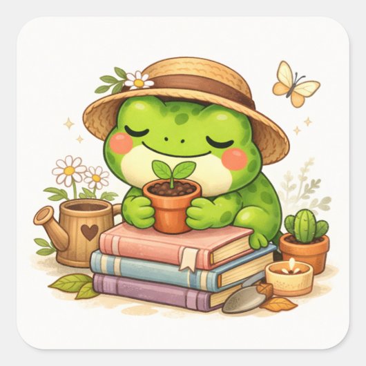 Schattige kikker met potplant vierkante sticker (Voorkant)