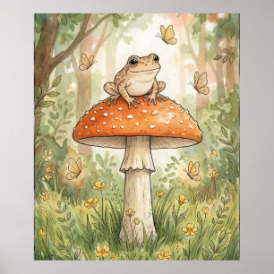 Schattige kikker op paddestoel bos cottagecore poster