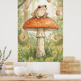 Schattige kikker op paddestoel bos cottagecore poster