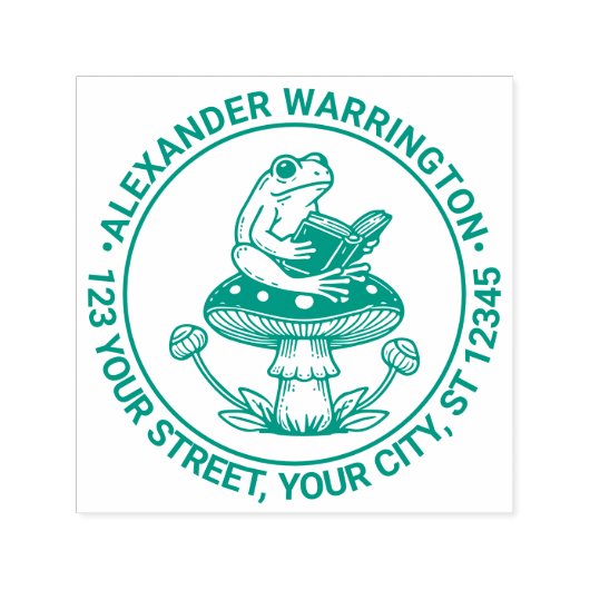 Schattige kikker op paddestoel lezend naam retoura  zelfinktende stempel (Design)