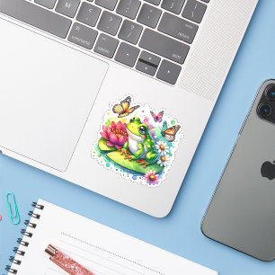 Schattige kikker op waterlelie met bloemen en vlin sticker