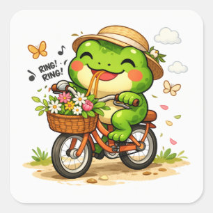 Schattige kikker rijdt op een fiets vierkante sticker