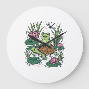 Schattige kikker rijdt op schildpad vijver vintage grote klok
