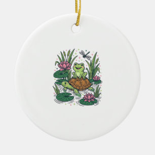 Schattige kikker rijdt op schildpad vijver vintage keramisch ornament