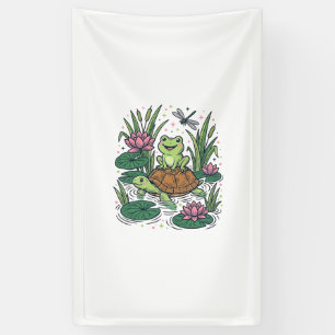 Schattige kikker rijdt op schildpad vijver vintage spandoek