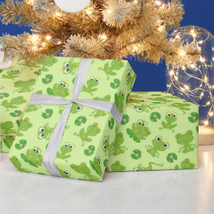 Schattige kikkerpatroon op heldergroen cadeaupapier