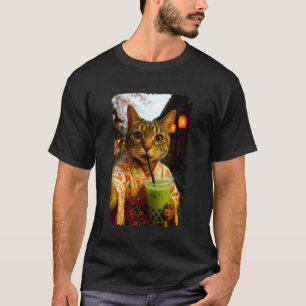 Schattige Kimono Kat Selfie Drinkend Matcha Bubble T-shirt