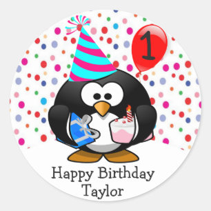 Schattige Kind 1e Happy Birthday Penguin Ronde Sticker