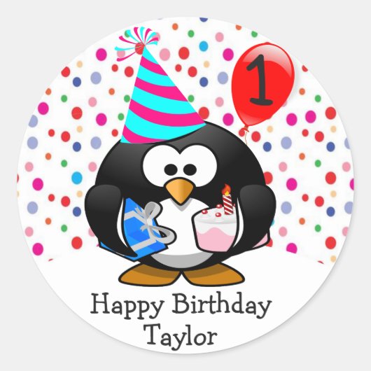 Schattige Kind 1e Happy Birthday Penguin Ronde Sticker (Voorkant)