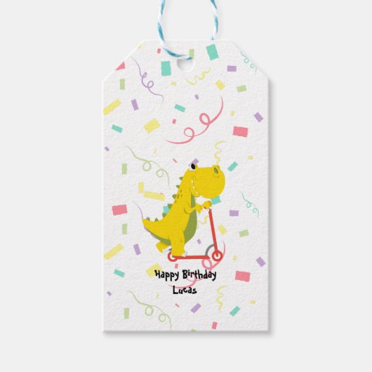 Schattige kind dinosaurus scooter truck Verjaardag Cadeaulabel (Voorkant)