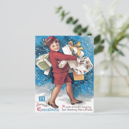 Schattige kind dragen Cadeaus Holly Snow Briefkaart (Staand voorkant)
