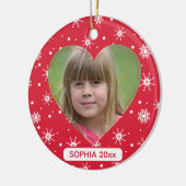 Schattige Kind Foto Sneeuwvlokken Rode Kerstmis Keramisch Ornament (Links)