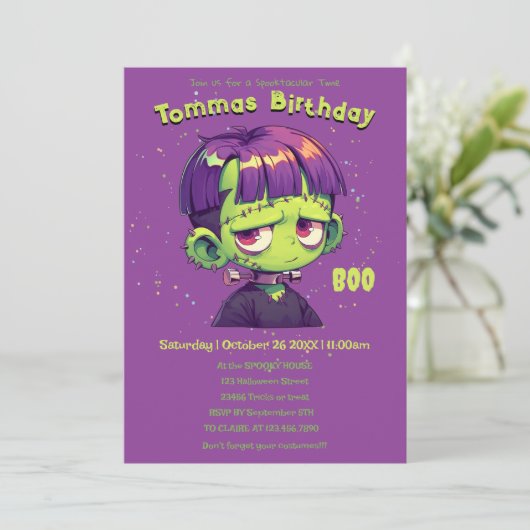 Schattige Kind Frankenstein Verjaardag Kaart (Staand voorkant)