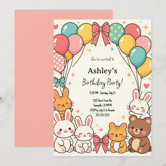 Schattige Kind Kawaii verjaardagsfeest Kaart (Voorkant / Achterkant)