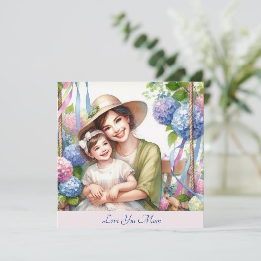 Schattige Kind met Mam in Swing Hydrangea Moederda Feestdagenkaart (Staand voorkant)