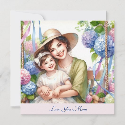 Schattige Kind met Mam in Swing Hydrangea Moederda Feestdagenkaart (Voorkant)
