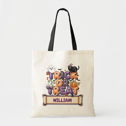 Schattige Kind Naam Halloween Trick of Trick Canva Tote Bag (Voorkant)