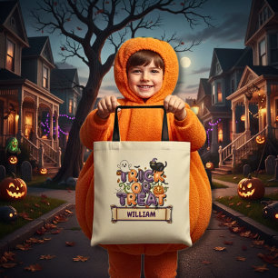 Schattige Kind Naam Halloween Trick of Trick Canva Tote Bag