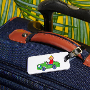 Schattige Kind Rijden Groene Auto Kinderen Illustr Bagagelabel