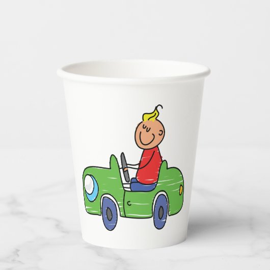 Schattige Kind Rijden Groene Auto Kinderen Illustr Papieren Bekers (Voorkant)