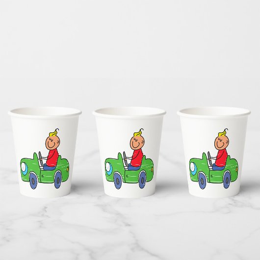 Schattige Kind Rijden Groene Auto Kinderen Illustr Papieren Bekers