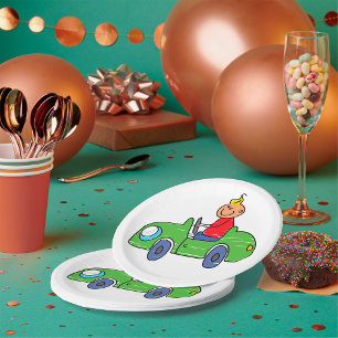 Schattige Kind Rijden Groene Auto Kinderen Illustr Papieren Bordje