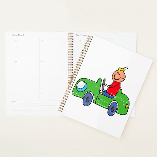 Schattige Kind Rijden Groene Auto Kinderen Illustr Planner