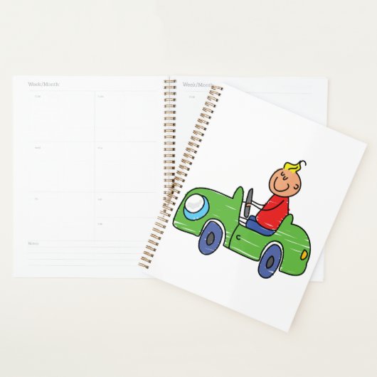 Schattige Kind Rijden Groene Auto Kinderen Illustr Planner (Display)