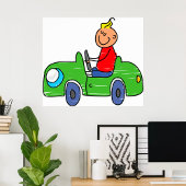 Schattige Kind Rijden Groene Auto Kinderen Illustr Poster