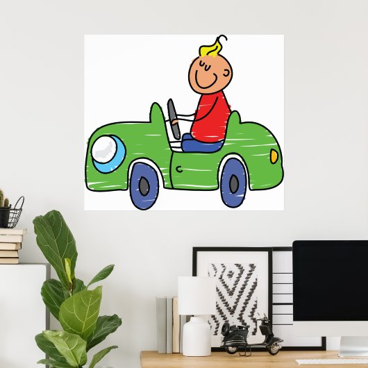 Schattige Kind Rijden Groene Auto Kinderen Illustr Poster (Thuiskantoor)