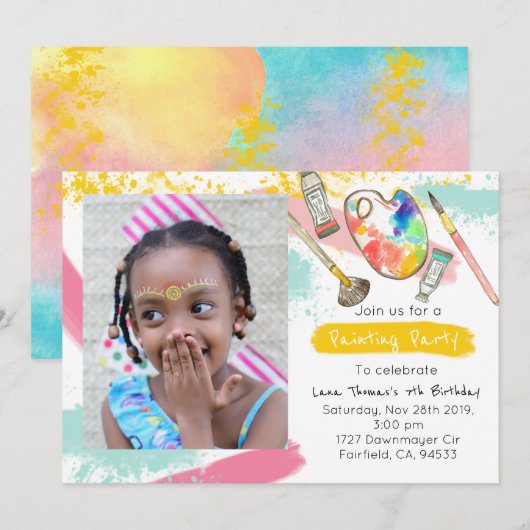 Schattige kind Verfparty Kunst Verjaardagsfoto Uit Kaart (Voorkant / Achterkant)