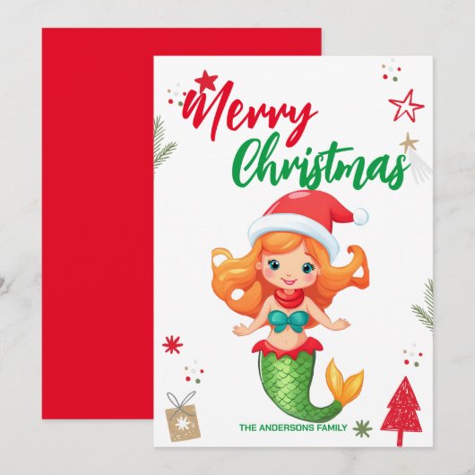 Schattige kind Zeemeermin Kerstvakantie Familienaa Feestdagenkaart (Voorkant / Achterkant)