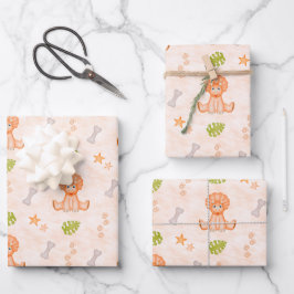 Schattige Kinder Verjaardag Oranje Dinosaur Inpakpapier Vel