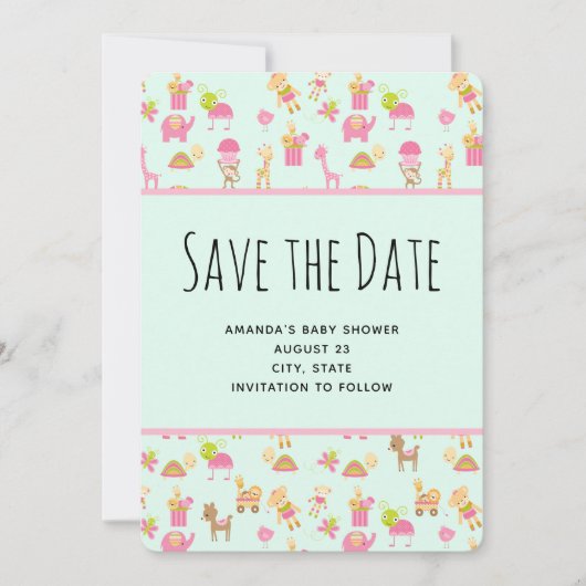 Schattige kinderdagverblijf Dieren Patroon Save The Date (Voorkant)