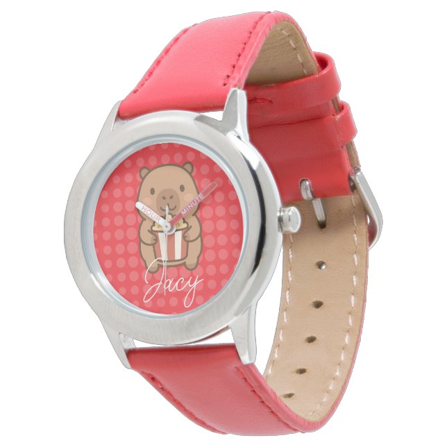 Schattige Kinderen Capybara eet popcorn Horloge (Gekanteld)