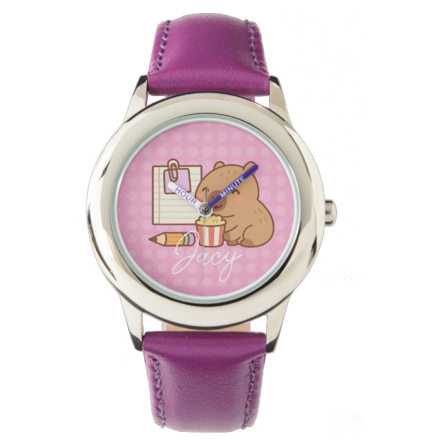 Schattige Kinderen Capybara Popcorn Snack Tijd Horloge (Voorkant)