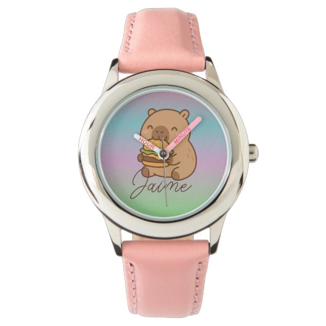 Schattige Kinderen Capybara Regenboog Hamburger Horloge (Voorkant)