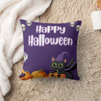 Schattige Kinderen Gelukkig Halloween Zwarte Kat Kussen