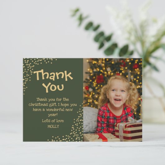 Schattige Kinderen Gouden Glitter Foto Kerst Dank  Bedankkaart (Staand voorkant)
