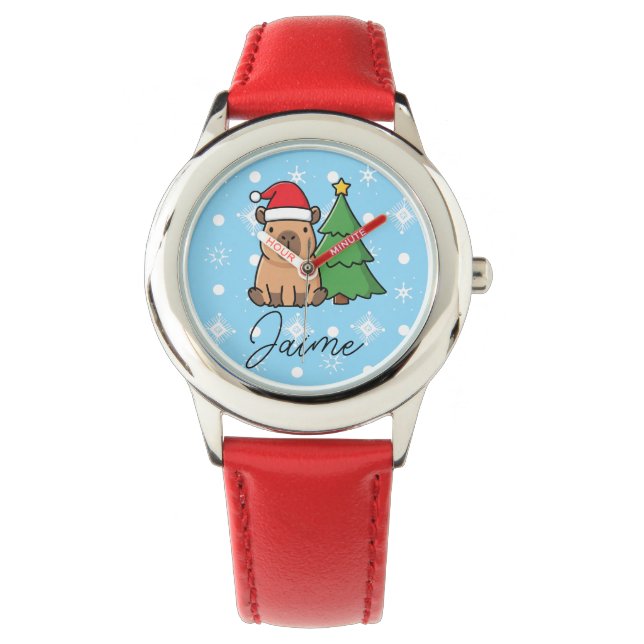 Schattige Kinderen Kerstmis Capy Blauw Rood Horloge (Voorkant)