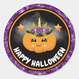 Schattige Kinderen Pompoen & Paarse Glitters Geluk Ronde Sticker