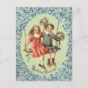 Schattige Kinderen Schommel Boeket Bloemen Briefkaart